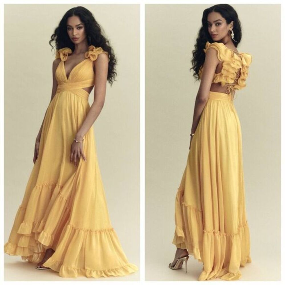 Mac Duggal Womens Chiffon Ruffle Sleeve V Neck A-Line Gown Marigold Size 10 - Picture 3 of 14